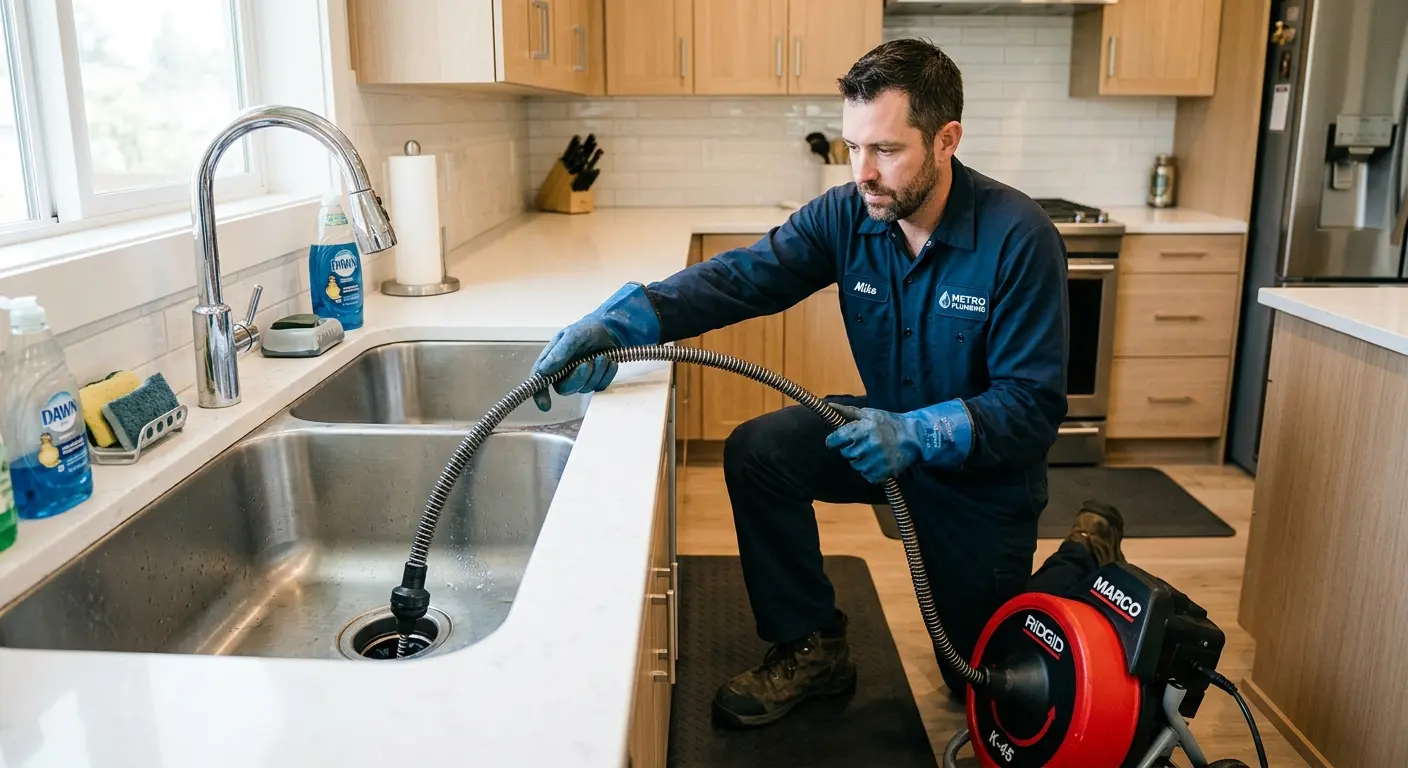 Drain cleaning technician using a motorized snake on a kitchen sink in Ramsey