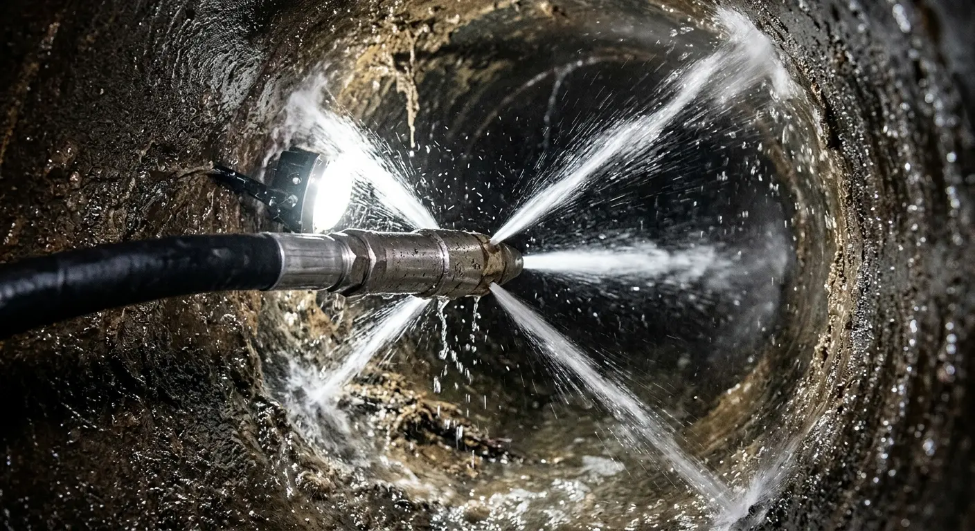High-pressure hydro jetting nozzle cleaning sewer pipe for Emergency Drain Service in Ramsey