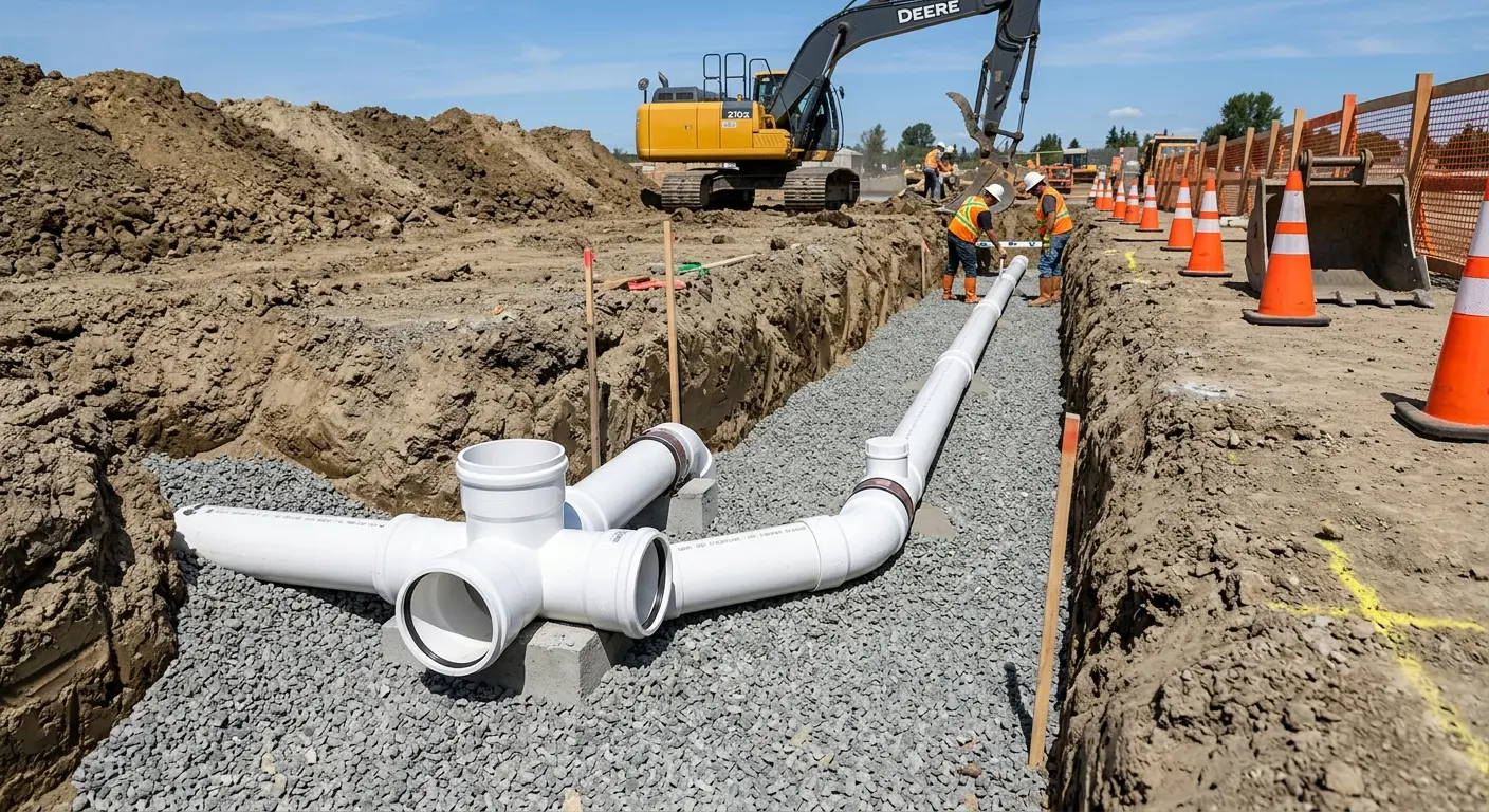 New PVC sewer pipe installation in open trench for Sewer Backup in Ramsey
