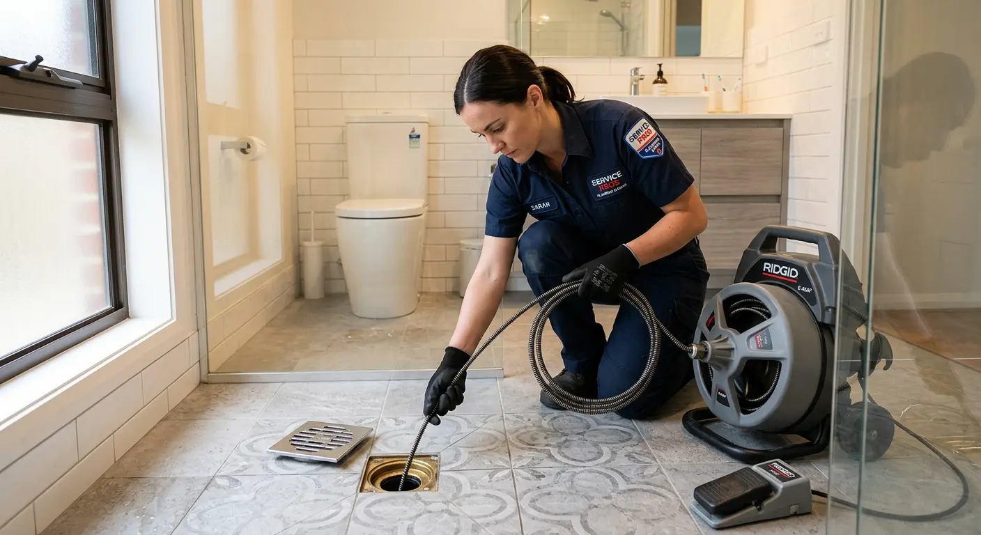Technician clearing a bathroom floor drain for Drain Cleaning in Ramsey